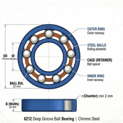 6212 bearing cutaway showing inner ring, outer ring, balls and cage